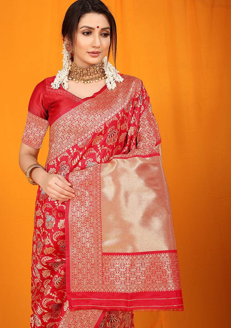 Red banarasi silk blend saree with all-over floral jaal