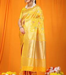 Mustard yellow banarasi silk blend saree with all-over floral jaal