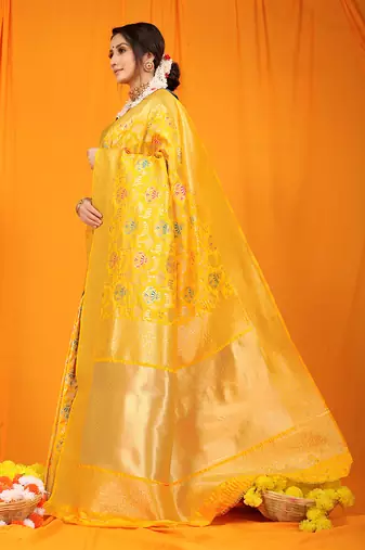 Mustard yellow banarasi silk blend saree with all-over floral jaal