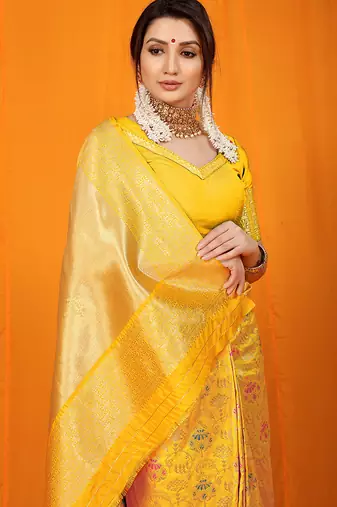 Mustard yellow banarasi silk blend saree with all-over floral jaal