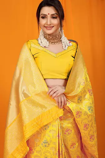Mustard yellow banarasi silk blend saree with all-over floral jaal
