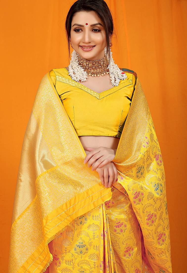 Mustard yellow banarasi silk blend saree with all-over floral jaal