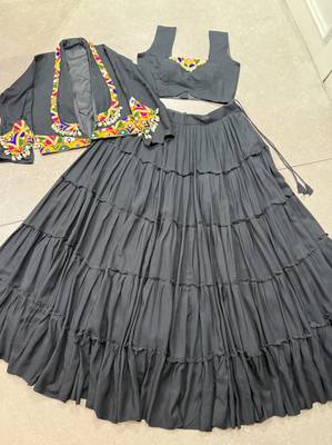 Black Cotton Navratri Lehenga Choli with Mirror-Trim Jacket & Cowries Garba Dress for Women 6