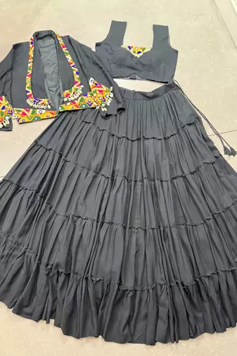 Black Cotton Navratri Lehenga Choli with Mirror-Trim Jacket & Cowries Garba Dress for Women