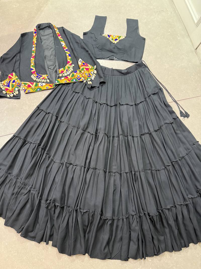 Black Cotton Navratri Lehenga Choli with Mirror-Trim Jacket & Cowries Garba Dress for Women