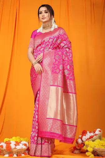 Rani pink banarasi silk blend saree with all-over floral jaal