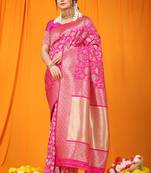 Rani pink banarasi silk blend saree with all-over floral jaal