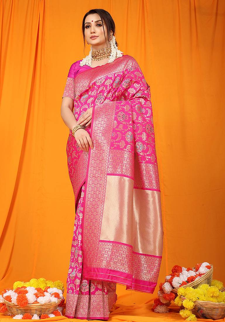 Rani pink banarasi silk blend saree with all-over floral jaal