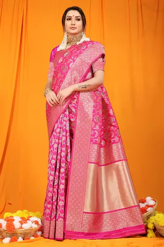 Rani pink banarasi silk blend saree with all-over floral jaal