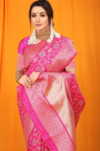 Rani pink banarasi silk blend saree with all-over floral jaal