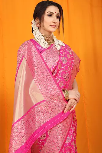 Rani pink banarasi silk blend saree with all-over floral jaal