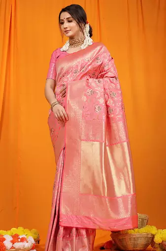 Pink banarasi silk blend saree with all-over floral jaal