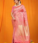 Pink banarasi silk blend saree with all-over floral jaal
