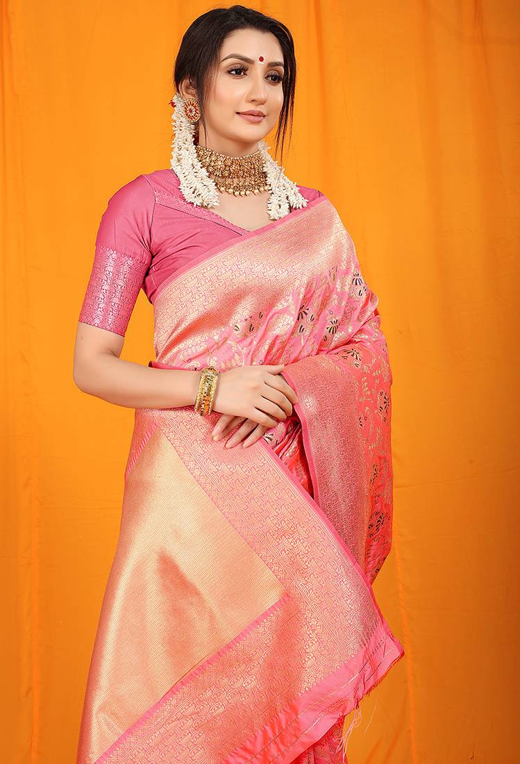 Pink banarasi silk blend saree with all-over floral jaal