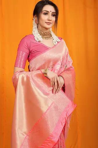 Pink banarasi silk blend saree with all-over floral jaal