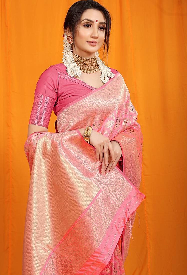 Pink banarasi silk blend saree with all-over floral jaal