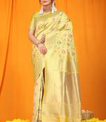 Light yellow banarasi silk blend saree with all-over floral jaal