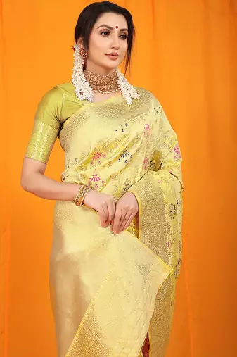 Light yellow banarasi silk blend saree with all-over floral jaal