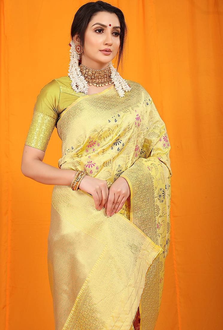 Light yellow banarasi silk blend saree with all-over floral jaal