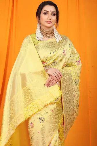 Light yellow banarasi silk blend saree with all-over floral jaal