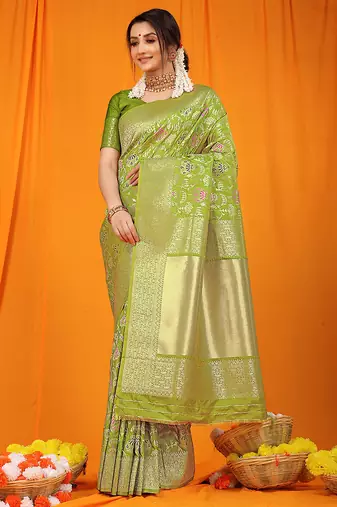 Parrot green banarasi silk blend saree with all-over floral jaal