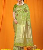 Parrot green banarasi silk blend saree with all-over floral jaal