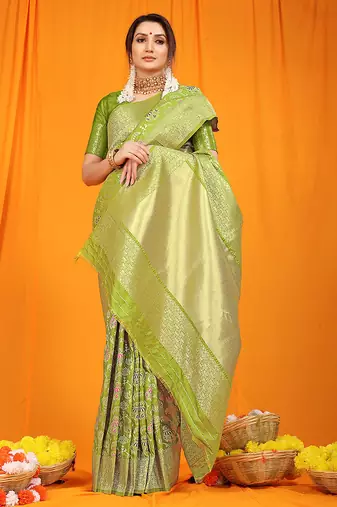 Parrot green banarasi silk blend saree with all-over floral jaal