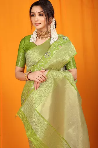 Parrot green banarasi silk blend saree with all-over floral jaal
