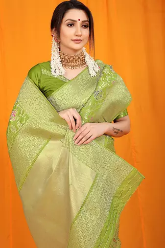 Parrot green banarasi silk blend saree with all-over floral jaal