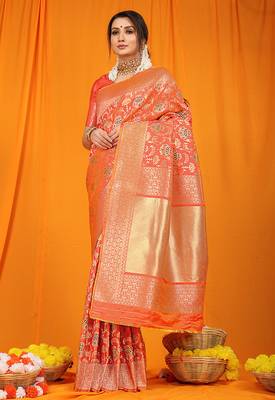 Peach orange banarasi silk blend saree with all-over floral jaal 1