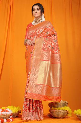 Peach orange banarasi silk blend saree with all-over floral jaal