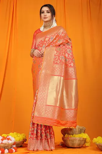 Peach orange banarasi silk blend saree with all-over floral jaal
