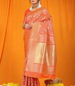 Peach orange banarasi silk blend saree with all-over floral jaal
