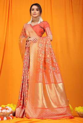 Peach orange banarasi silk blend saree with all-over floral jaal 2