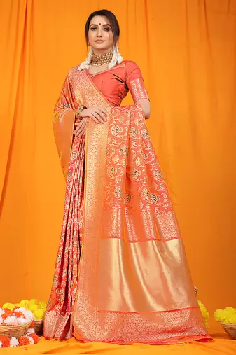 Peach orange banarasi silk blend saree with all-over floral jaal