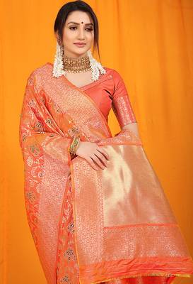 Peach orange banarasi silk blend saree with all-over floral jaal 3