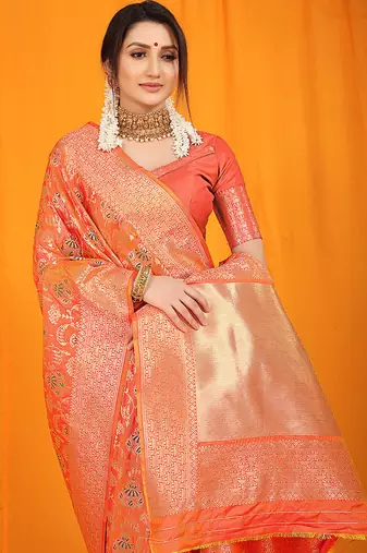 Peach orange banarasi silk blend saree with all-over floral jaal