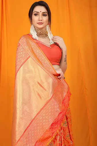 Peach orange banarasi silk blend saree with all-over floral jaal
