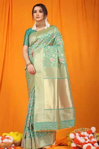 Turquoise banarasi silk blend saree with all-over floral jaal