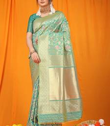 Turquoise banarasi silk blend saree with all-over floral jaal