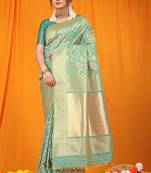 Turquoise banarasi silk blend saree with all-over floral jaal