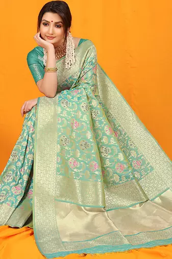 Turquoise banarasi silk blend saree with all-over floral jaal