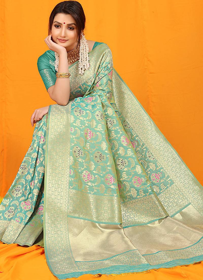 Turquoise banarasi silk blend saree with all-over floral jaal