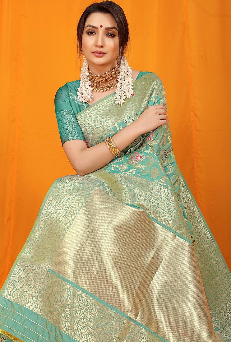 Turquoise banarasi silk blend saree with all-over floral jaal