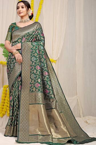 Dark green banarasi silk blend saree with all-over floral jaal