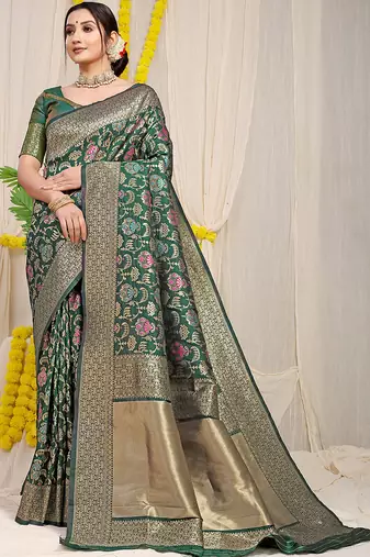 Dark green banarasi silk blend saree with all-over floral jaal