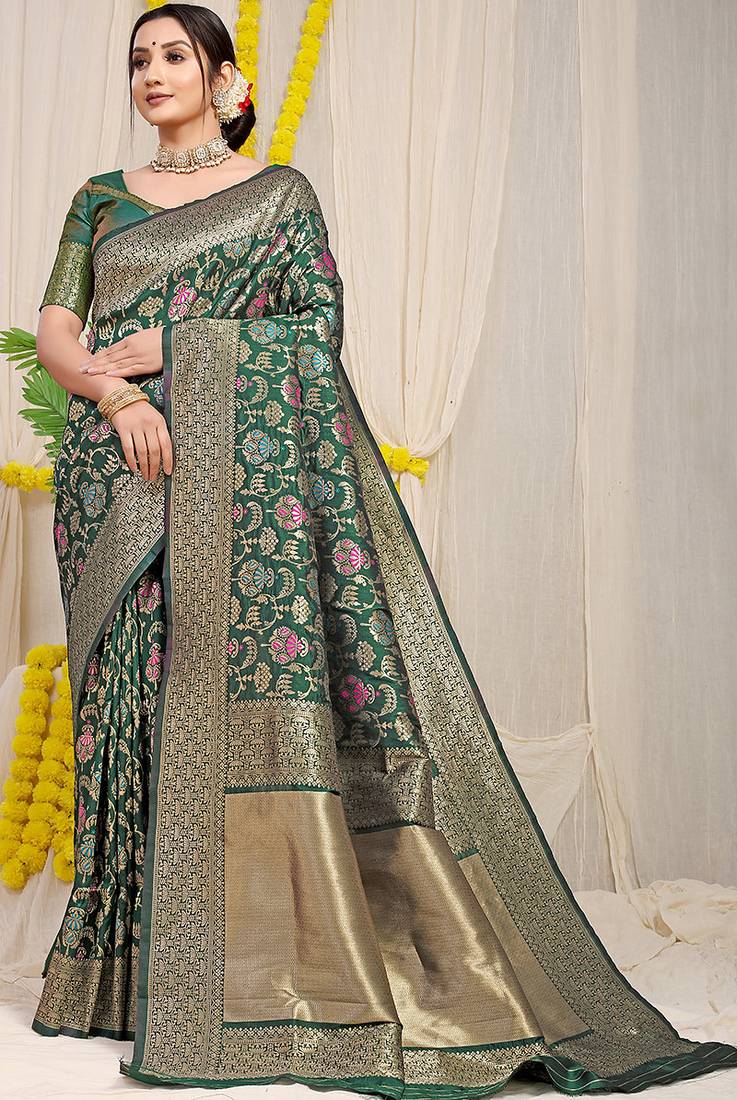 Dark green banarasi silk blend saree with all-over floral jaal