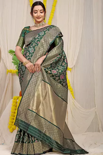 Dark green banarasi silk blend saree with all-over floral jaal