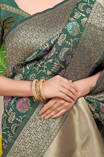 Dark green banarasi silk blend saree with all-over floral jaal