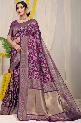 Wine purple banarasi silk blend saree with all-over floral jaal